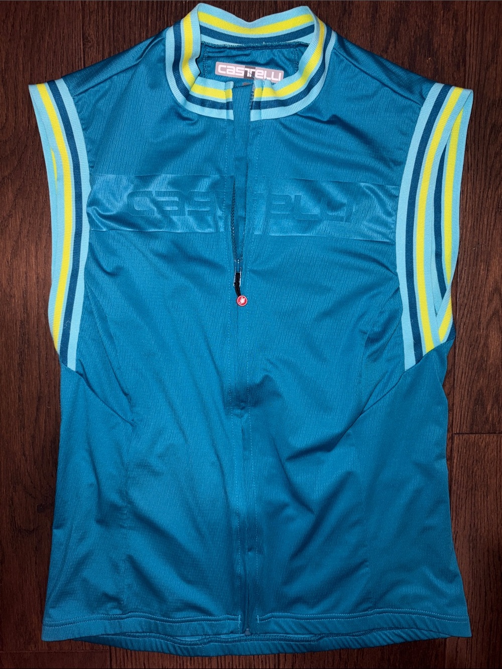 Castelli Teal Sleeveless Cycling Jersey with Yellow & Light Blue Trim, size M